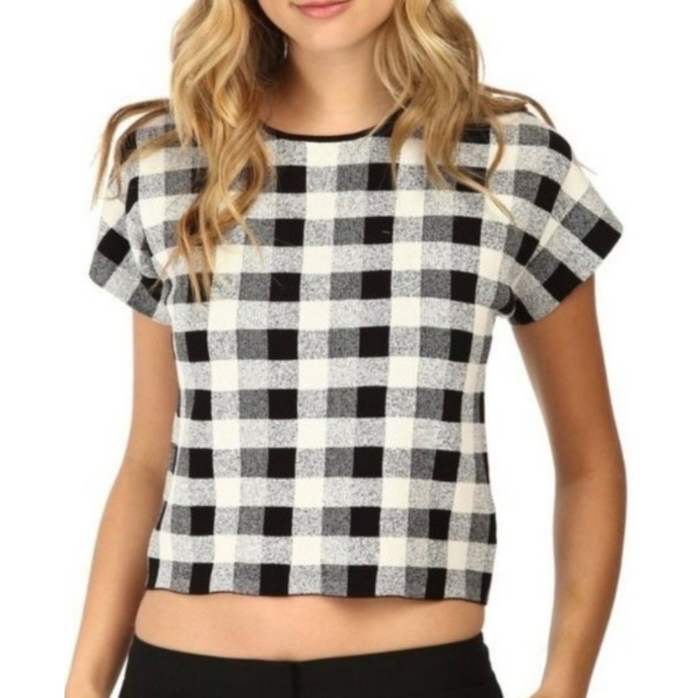 Theory Seblyn Black White Buffalo Check Gingham Short Sleeve Knit Cropped Top